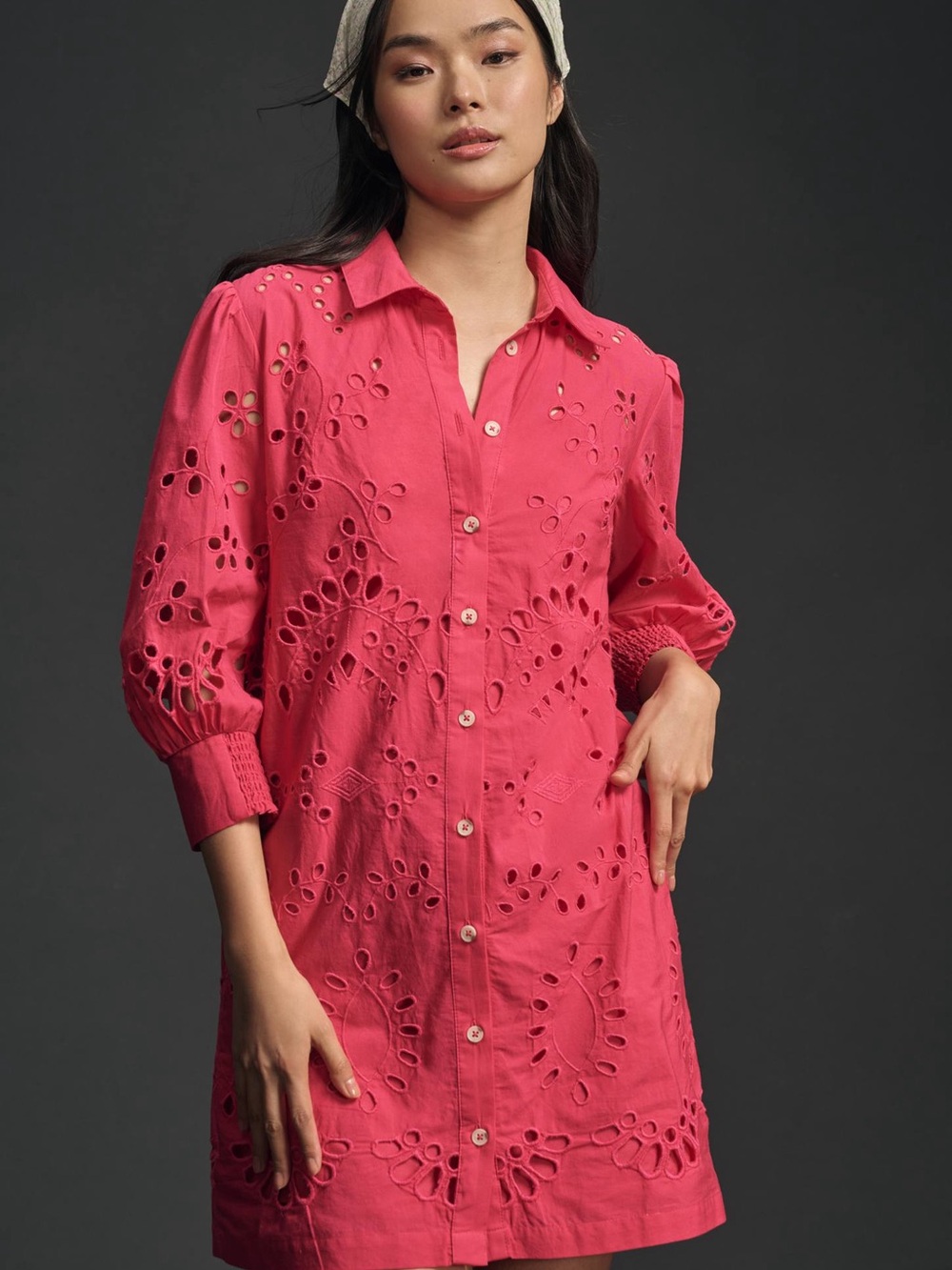 Anthropologie Hot Pink Eyelet Button-Down Tunic